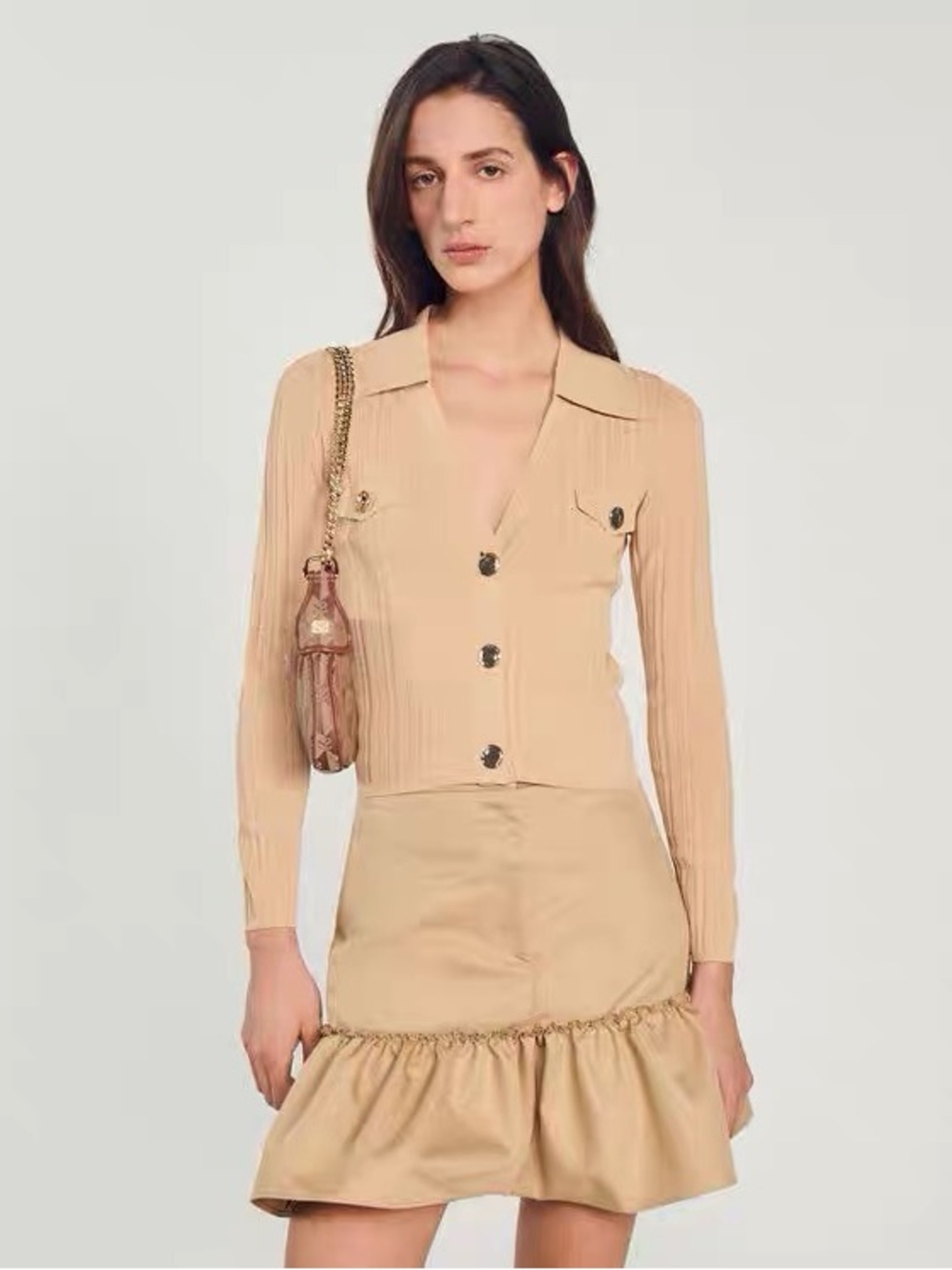 Sandro Camel Ribbed Knit Button-Front Top - Picture 4 of 5